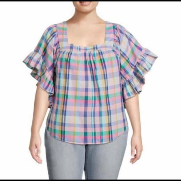 Terra and Skye Blue and Pink pastel plaid Size  3x top with ruffled slee… - Picture 7 of 8